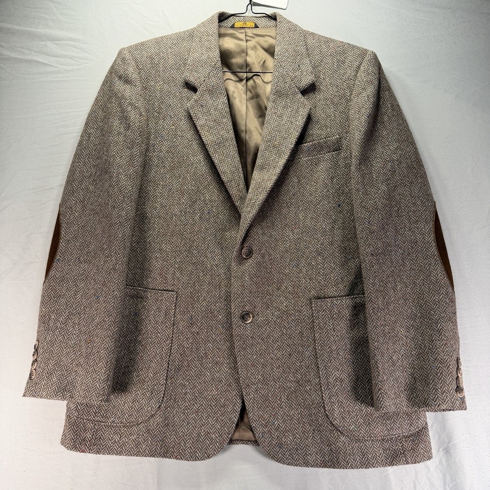 Vintage Herringbone Tweed Wool Blazer Mens 42 Brown Sport Coat Jacket Proffesor - Picture 2 of 13